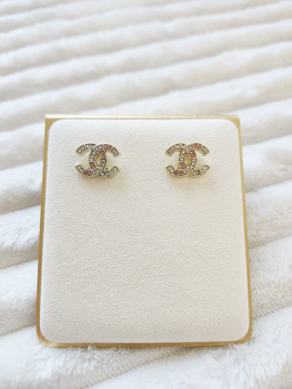 Chanel CC Stud Earrings Pink & Clear Crystal Inlay